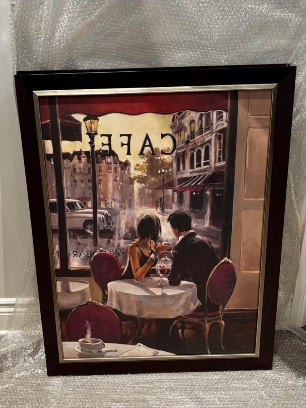 Romantic Cafe Couple Wall Art - Burgundy and Cream